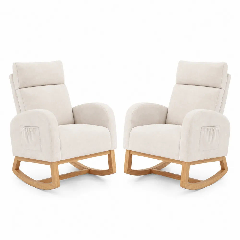 Set di 2 Poltrone a Dondolo in Tessuto Beige con Struttura in Legno di Quercia