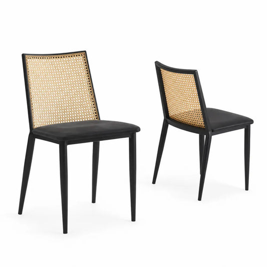 Set di 2 Sedie in Legno Nero con Schienale in Rattan