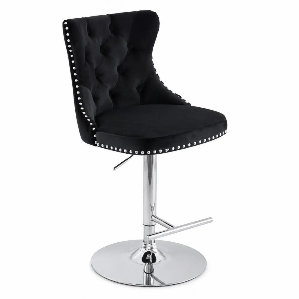 Sgabello da bar in velluto nero con base in metallo cromato