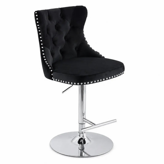 Sgabello da bar in velluto nero con base in metallo cromato
