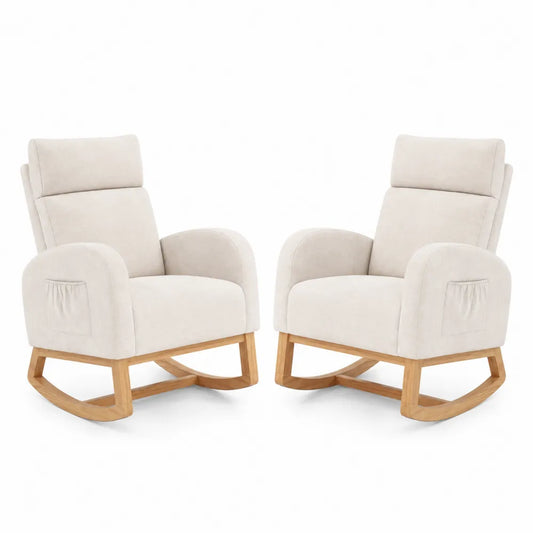 Set di 2 Poltrone a Dondolo in Tessuto Beige con Struttura in Legno di Quercia