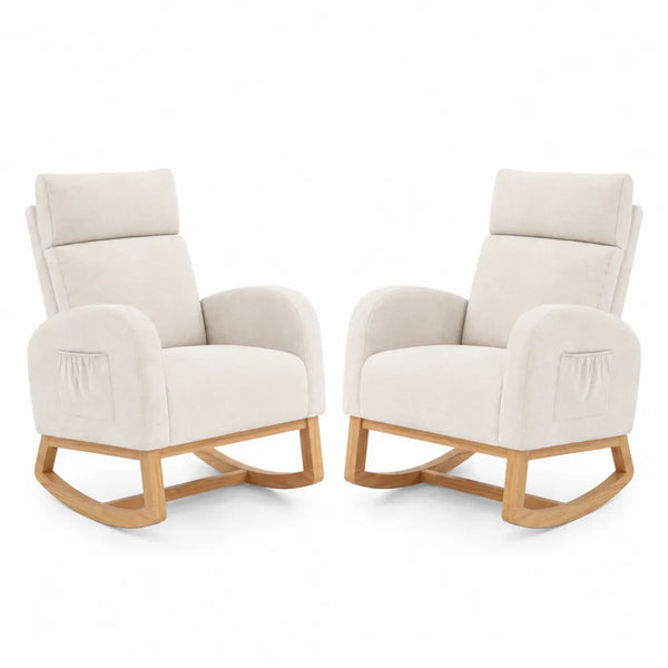 Set di 2 Poltrone a Dondolo in Tessuto Beige con Struttura in Legno di Quercia