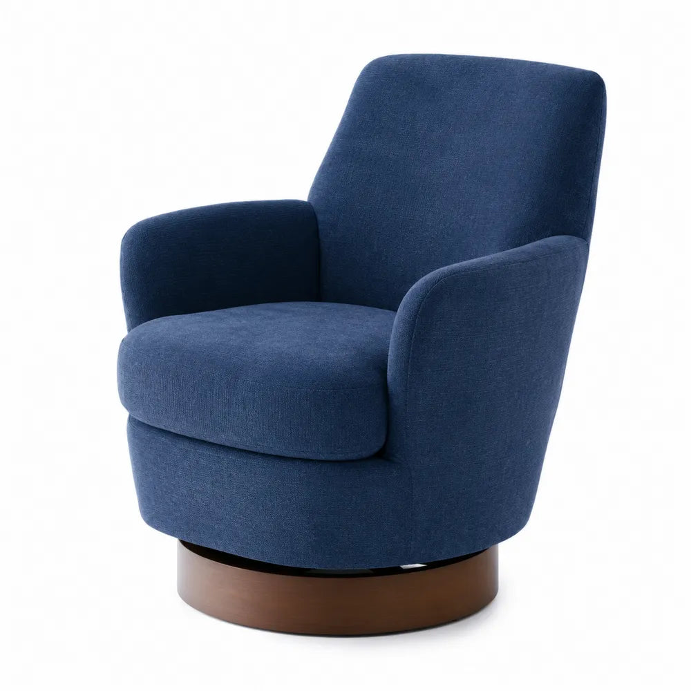 Poltrona girevole in legno e metallo con tessuto blu