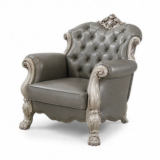Poltrona in Pelle Grigia con Legno Intagliato