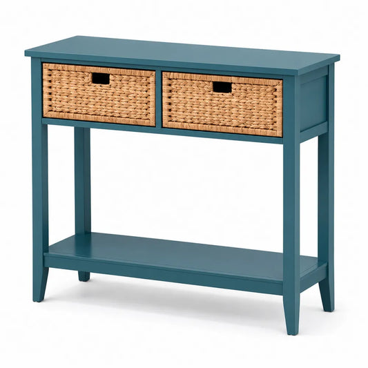 Consolle in Legno con Cassetti in Rattan Blu
