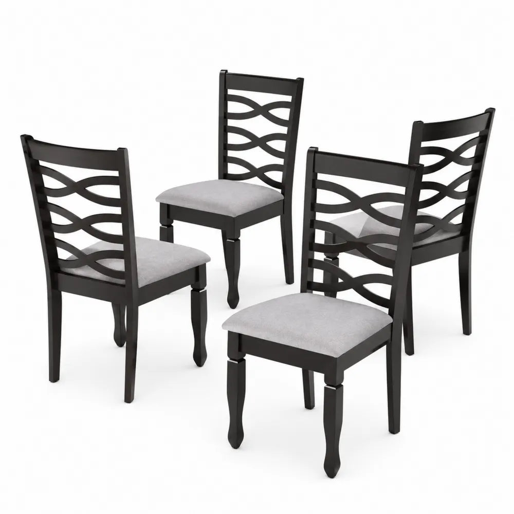 Set di 4 Sedie in Legno Nero con Seduta in Tessuto Grigio