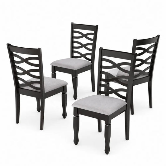 Set di 4 Sedie in Legno Nero con Seduta in Tessuto Grigio